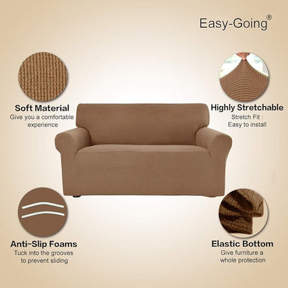 Easy-Going Stretch Sofa Slipcover 1-Piece Sofa Cover Furniture Protector Couch Soft with Elastic Bottom for Kids, Polyester Spandex Jacquard Fabric Small Checks (Sofa, Camel)