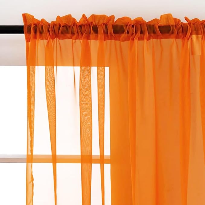 SpaceDresser Orange Sheer Curtains 4 Panels Rod Pocket Semi-Sheer Curtain 90 Inches Long Light Filtering Voile Window Drapes for Bedroom Living Room Kitchen, Each 52W x 90L