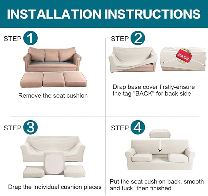 Turquoize 4 Piece Sofa Covers for 3 Cushion Couch Sofa Slipcover Soft Couch Cover for Dogs Washable Furniture Cover with 3 Individual Large Cushion Covers Feature Fabric (Large Sofa, Ivory)