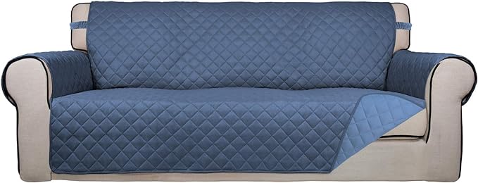 PureFit Reversible Quilted Sofa Cover, Water Resistant Slipcover Furniture Protector, Washable Couch Cover with Non Slip Foam and Elastic Straps for Kids, Pets (X Large, DarkBlue/LightBlue)