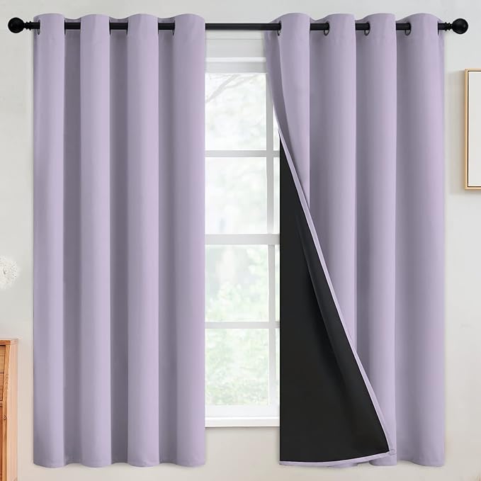 SimpleHome 100% Blackout Curtains for Bedroom,Thermal Insulated Grommet Window Drapes Room Darkening Lilac Curtains for Living Room with Black Back,52 x 63 Inch,2 Panels