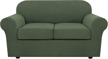 H.VERSAILTEX 3 Piece Stretch Sofa Covers for 2 Cushion Loveseat Couch Covers for Living Room Furniture Cover (Base Cover Plus 2 Seat Cushion Covers) Thicker Jacquard Fabric(Medium, Bronze Green)