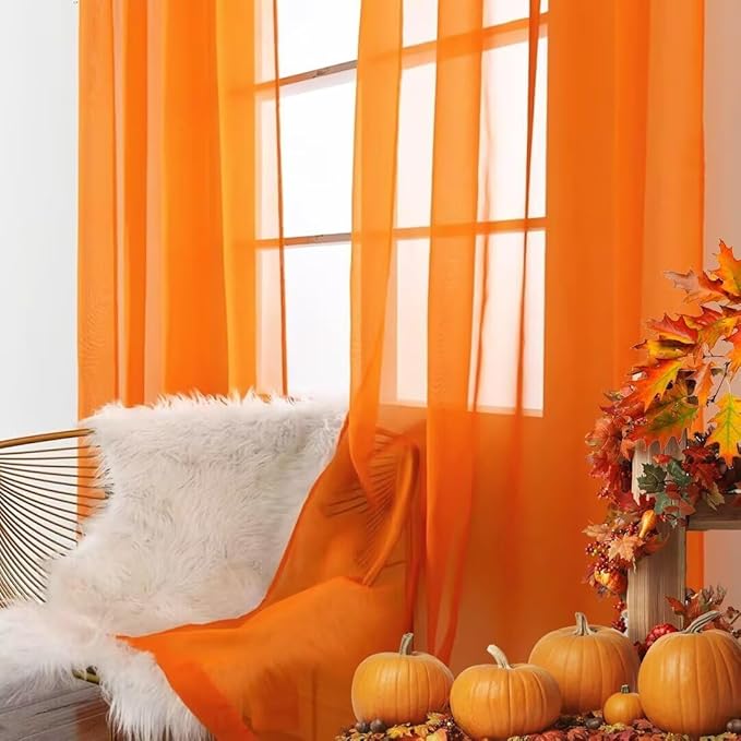 SpaceDresser Basic Rod Pocket Sheer Voile Window Curtain Panels Orange 2 Panels 52 Width 108 Inch Long for Kitchen Bedroom Children Living Room Yard(Orange,52 W x 108 L)