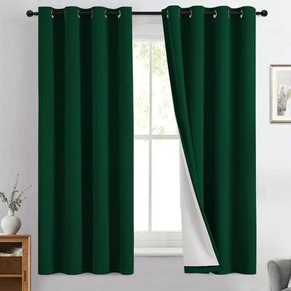 Yakamok 100% Blackout Curtain Panels 63 inches Cold and Light Blocking Drapes for Nursery, 2 Thick Layers Thermal Insulated Draperies (2 Pieces, 50 Wide Each Panel, Dark Green/White Backing)