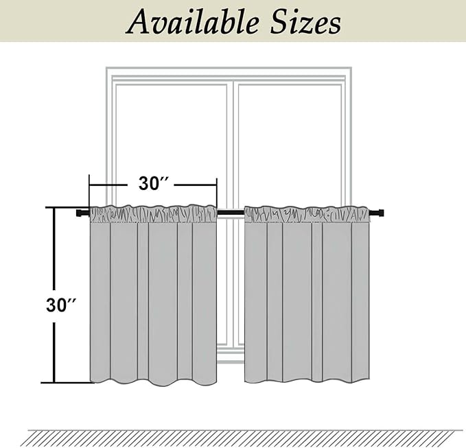 Simplebrand Ava Black Short 30 Inches Blackout Curtain 2 Panels Set, Half Window Rod Pocket Privacy Curtain Tiers for Kitchen, Curtains Blackout for Bathroom Shades, W30 x L30 Inch, Black