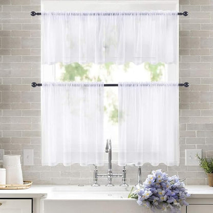 MIULEE Short Sheer Curtains 30 Inch Length for Kitchen Bathroom Cafe Half Window Treatment, Rod Pocket Tier Curtains 2 Panels, 29x30 Inches Long, White