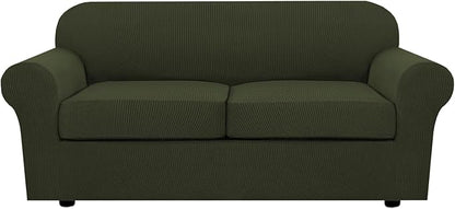 H.VERSAILTEX 3 Piece Stretch Sofa Covers for 2 Cushion Loveseat Couch Covers for Living Room Sofa (Base Cover Plus 2 Seat Cushion Covers) Thicker Jacquard Fabric (Medium Sofa, Olive)