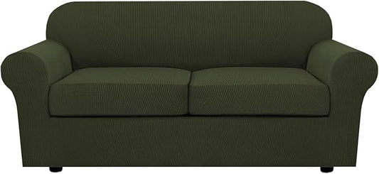H.VERSAILTEX 3 Piece Stretch Sofa Covers for 2 Cushion Loveseat Couch Covers for Living Room Sofa (Base Cover Plus 2 Seat Cushion Covers) Thicker Jacquard Fabric (Medium Sofa, Olive)