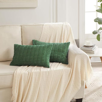 Fancy Homi Set of 4 Green Lumbar Rectangle Decorative Throw Pillow Covers 16x24 Inch for Couch Bed Chair, Aesthetic Boho Room Decor, Soft Fuzzy Thick Corduroy Textured Cushion Case 40x60cm