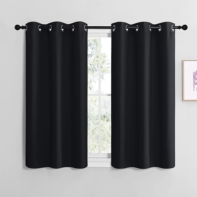 NICETOWN Blackout Curtain Panels for Bedroom, Black, 2 Panels, W34 x L36-inch, Thermal Insulated Grommet Top Blackout Draperies and Drapes for Basement