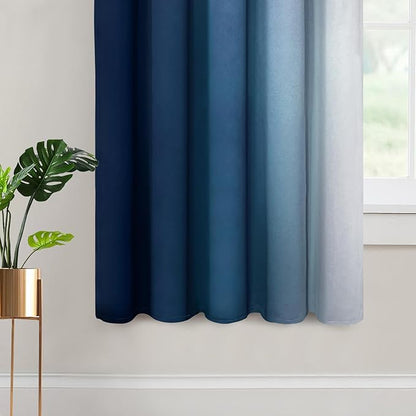 Yakamok Room Darkening Ombre Curtains,Thermal Insulated Grommet Window Drapes, Light Blocking Gradient Color Curtains for Bedroom(Blue and Greyish White, 70x63 Inch, Set of 2)
