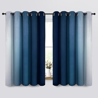 Yakamok Room Darkening Ombre Curtains,Thermal Insulated Grommet Window Drapes, Light Blocking Gradient Color Curtains for Bedroom(Blue and Greyish White, 70x63 Inch, Set of 2)