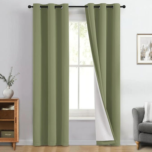 Yakamok 100% Blackout Curtains for Living Room, Thermal Insulated Blackout Curtains 84 inch Length Heat and Full Light Blocking Curtains Window Drapes for Bedroom with White Backing, Sage, W40 x L84