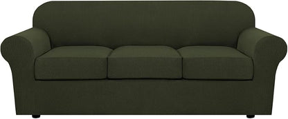 H.VERSAILTEX 4 Piece Stretch Sofa Covers for 3 Cushion Couch Covers for Living Room Furniture (Base Cover Plus 3 Seat Cushion Covers) Upgraded Thicker Jacquard Fabric (Sofa, Olive)