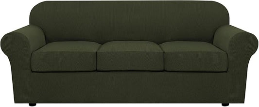 H.VERSAILTEX 4 Piece Stretch Sofa Covers for 3 Cushion Couch Covers for Living Room Furniture (Base Cover Plus 3 Seat Cushion Covers) Upgraded Thicker Jacquard Fabric (Sofa, Olive)