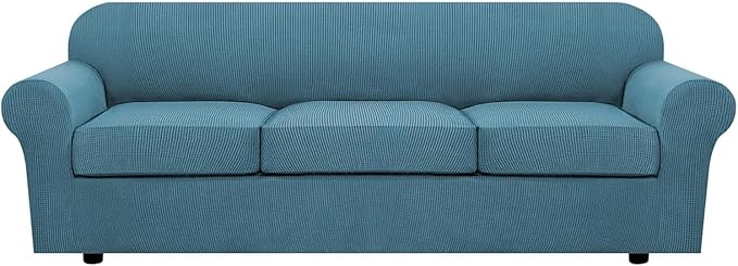 H.VERSAILTEX 4 Piece Stretch Sofa Covers for 3 Cushion Couch Covers for Living Room Furniture Slipcovers (Base Cover Plus 3 Seat Cushion Covers) Thicker Jacquard Fabric (Large Sofa, Storm Blue)