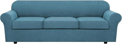 H.VERSAILTEX 4 Piece Stretch Sofa Covers for 3 Cushion Couch Covers for Living Room Furniture Slipcovers (Base Cover Plus 3 Seat Cushion Covers) Thicker Jacquard Fabric (Large Sofa, Storm Blue)