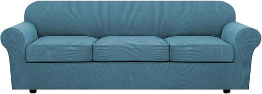 H.VERSAILTEX 4 Piece Stretch Sofa Covers for 3 Cushion Couch Covers for Living Room Furniture Slipcovers (Base Cover Plus 3 Seat Cushion Covers) Thicker Jacquard Fabric (Large Sofa, Storm Blue)