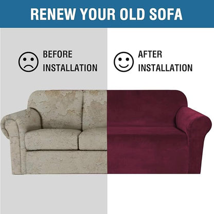 H.VERSAILTEX Stretch Velvet Sofa Covers for 3 Cushion Couch Covers Sofa Slipcovers Furniture Protector Soft with Non Slip Elastic Bottom, Crafted from Thick Comfy Rich Velour (Sofa 72"-90", Burgundy)