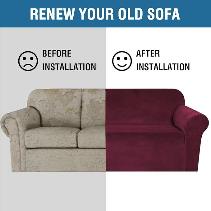 H.VERSAILTEX Stretch Velvet Sofa Covers Large Couch Covers Sofa Slipcovers Furniture Protector Soft with Non Slip Elastic Bottom, Feature Thick Comfy Rich Velour (Extra Wide Sofa 98"-105", Burgundy)