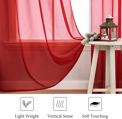 MIULEE 2 Panels Red Solid Color Sheer Christmas Window Curtains Elegant Window Voile Panels/Drapes/Treatment for Bedroom Living Room (54X45 Inches)