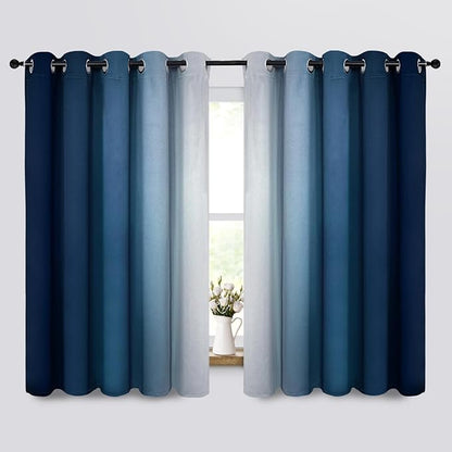 Yakamok Room Darkening Ombre Curtains,Thermal Insulated Grommet Window Drapes, Light Blocking Gradient Color Curtains for Bedroom(Blue and Greyish White, 70x63 Inch, Set of 2)