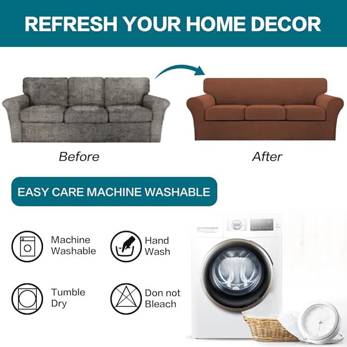 Turquoize 4 Piece Sofa Covers for 3 Cushion Couch Sofa Slipcover Soft Couch Cover for Dogs-Washable Sofa Furniture Covers with 3 Individual Large Cushion Covers (XL Sofa, Caramel)