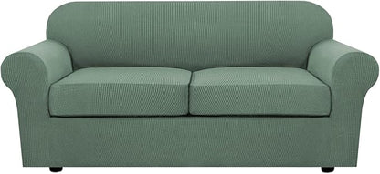 H.VERSAILTEX 3 Piece Stretch Sofa Covers for 2 Cushion Sofa Couch Covers for Living Room Sofa Slipcovers (Base Cover Plus 2 Seat Cushion Covers) Thicker Jacquard Fabric(Large Sofa, Loden Frost)