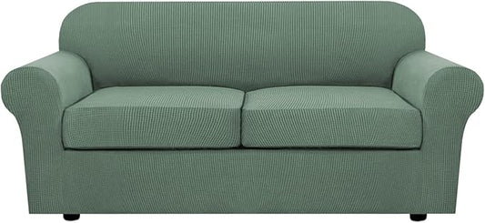H.VERSAILTEX 3 Piece Stretch Sofa Covers for 2 Cushion Sofa Couch Covers for Living Room Sofa Slipcovers (Base Cover Plus 2 Seat Cushion Covers) Thicker Jacquard Fabric(Large Sofa, Loden Frost)