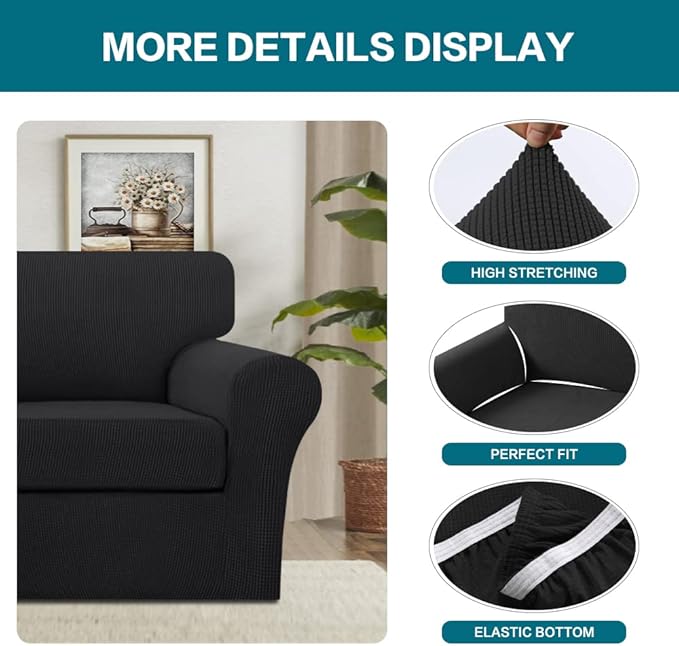Turquoize 2 Piece Chair Covers Chair Slipcovers for Living Room Armchair Couch Cover Chair Sofa Cover with Individual Cushion Covers Furniture Cover for Chairs Feature Jacquard Fabric (Chair, Black)