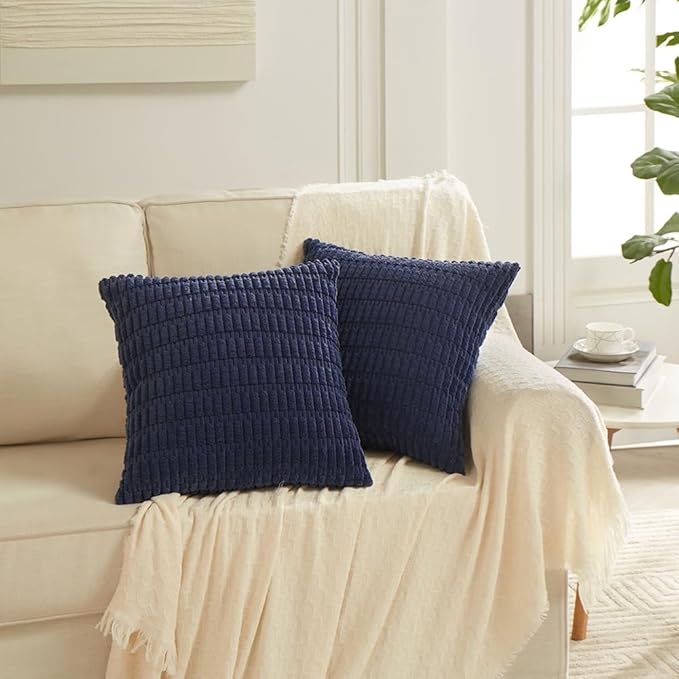 Fancy Homi 4 Packs Navy Blue Decorative Throw Pillow Covers 22x22 Inch for Living Room Couch Bed Sofa, Rustic Modern Farmhouse Boho Home Decor, Soft Plush Corduroy Cute Square Cushion Case 55x55 cm
