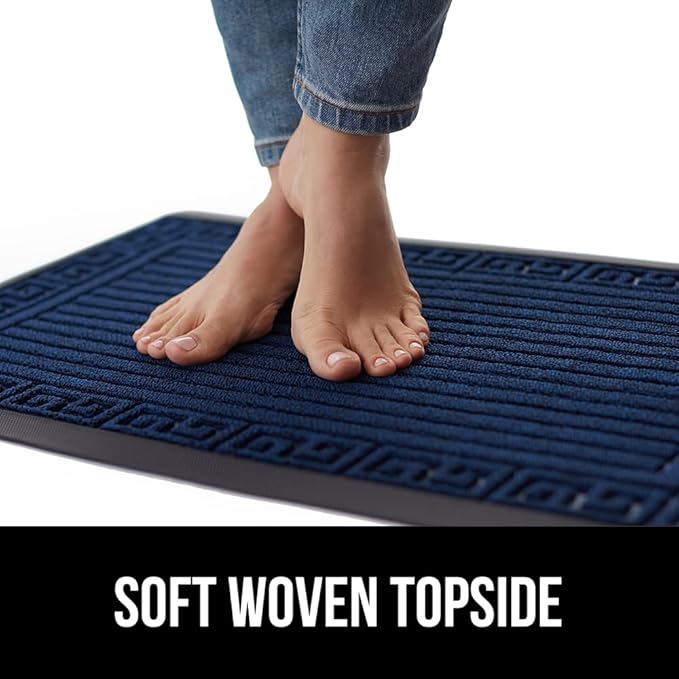 GORILLA GRIP 100% Waterproof All-Season WeatherMAX Doormat, US Designed Natural Rubber, Stain and Fade Resistant, Low Profile Indoor Outdoor Door Mats, Easy Clean Patio Mat, 29x17, Navy Greek Keys