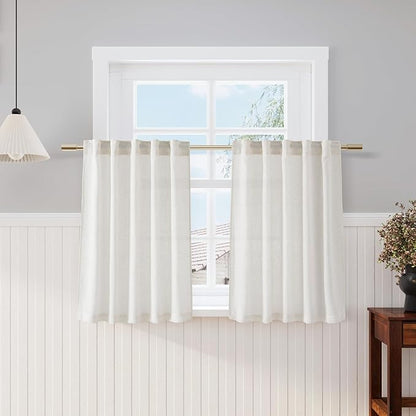 Nanspring Kitchen Curtains Sets for Windows 36 Inch Length Linen Blend Cream Small Cafe Curtains Semi Sheer Farmhouse Curtain Back Tab and Rod Pocket Drapes for Basement 25 x 36 Inch, 2 Panels