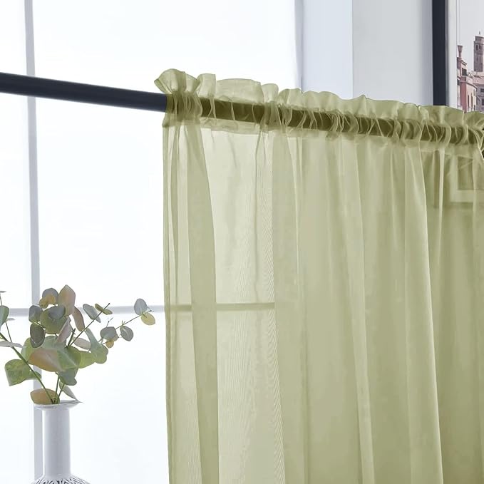SpaceDresser Basic Rod Pocket Sheer Voile Window Curtain Panels Sage Green 1 Pair 2 Panels 26 Width 30 Inch Long for Kitchen Bedroom Children Living Room Yard（Sage Green，26Wx 30L）