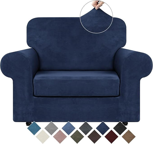 WEERRW Velvet Stretch Chair Sofa Slipcover - 2 Pieces Luxury Soft Velvet Plush Couch Cover Furniture Protector with Elastic Bottom for Pets, Machine Washable, Navy Blue, Small