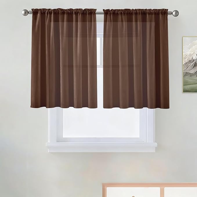 SpaceDresser Basic Rod Pocket Sheer Voile Window Curtain Panels Brown 1 Pair 2 Panels 52 Width 36 Inch Long for Kitchen Bedroom Children Living Room Yard（Brown, 52W x 36L）