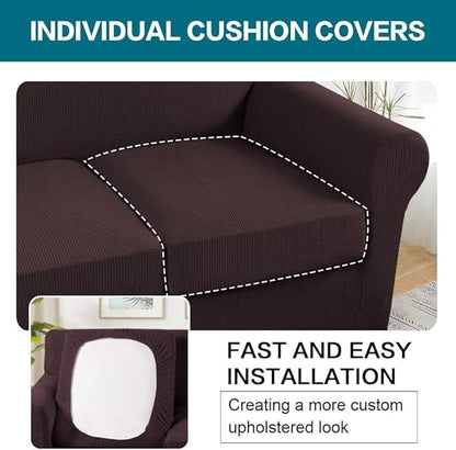 Turquoize 4 Piece Sofa Covers for 3 Cushion Couch Sofa Slipcover Soft Couch Cover for Dogs Washable Furniture Cover with 3 Individual Large Cushion Covers Feature Fabric (Large Sofa, Brown)