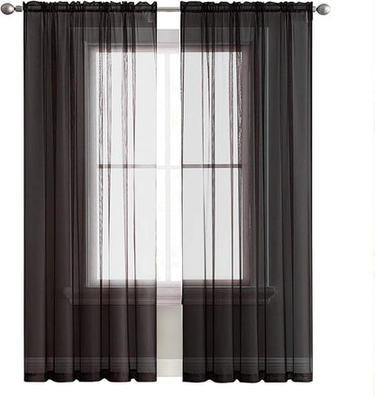 SpaceDresser Sheer Voile Window Treatment Rod Pocket Curtain Panels for Kitchen Bedroom Living Room Drapes Sunlight Filtering Privacy Semi Home Decor Assorted (Black, 52 W x 108 L)