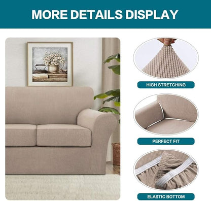 Turquoize 4 Piece Sofa Covers for 3 Cushion Couch Sofa Slipcover Soft Couch Cover for Dogs Washable Furniture Cover with 3 Individual Large Cushion Covers Feature Fabric (Large Sofa, Sand)