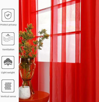 youleyar Solid Sheer Rod Pocket Curtain Voile Draperies 2 Panels White Beige Black Grey Coffee 42 Inch Width 72 Inch Long 1 Pair for Kitchen Bedroom Children Living Room Yard (Red,42Wｘ72L)