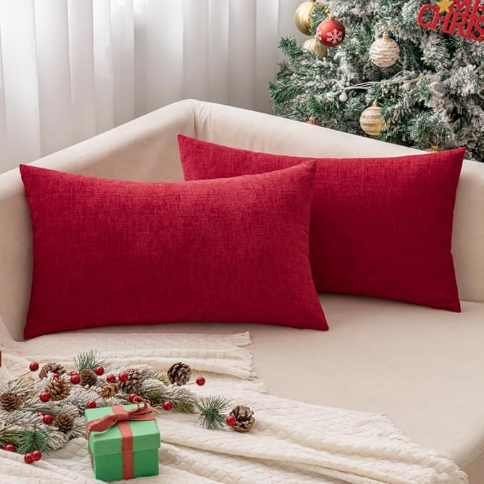 MIULEE Pack of 2 Red Couch Throw Pillow Covers 12x20 Inch Soft Chenille Lumbar Pillow Covers for Sofa Living Room Solid Dyed Cases