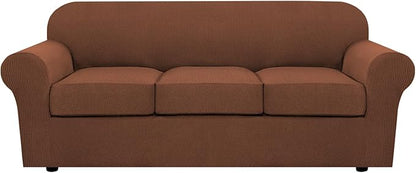 H.VERSAILTEX 4 Piece Stretch Sofa Covers for 3 Cushion Couch Covers for Living Room Furniture Slipcovers (Base Cover Plus 3 Seat Cushion Covers) Upgraded Thicker Jacquard Fabric (Sofa, Caramel)
