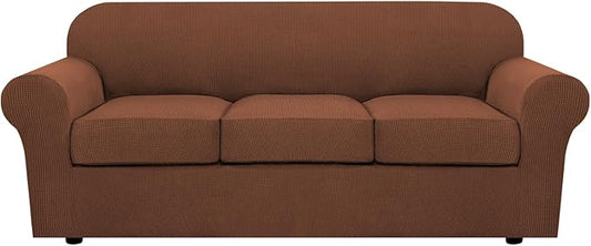 H.VERSAILTEX 4 Piece Stretch Sofa Covers for 3 Cushion Couch Covers for Living Room Furniture Slipcovers (Base Cover Plus 3 Seat Cushion Covers) Upgraded Thicker Jacquard Fabric (Sofa, Caramel)