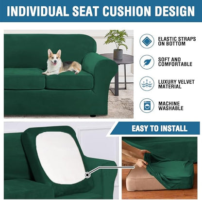 H.VERSAILTEX Real Velvet Plush 3 Piece Stretch Sofa Covers Couch Covers for 2 Cushion Couch Loveseat Covers Width Up to 72 Inch Feature Thick Soft Stay in Place (Medium Sofa, Vintage Green)