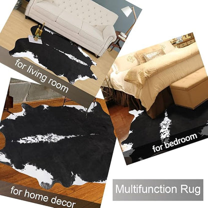 AROGAN 8x10 Feet Faux Cowhide Area Rugs for Living Room, Animal Skins Cow Hide Rug for Bedroom, Cool Western Christmas Decor, Thin Leather Cow Hide Carpets Fireplace Rug, Black