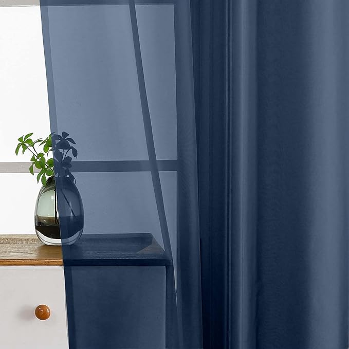 Navy Blue Small Sheer Curtains 2 Panels Set, Kitchen Curtains 36 Inch Length, Elegant Light Filtering Short Window Drapes for Living Room Bedroom, Dual Rod Pocket Design, 2x42Wx36L Inches