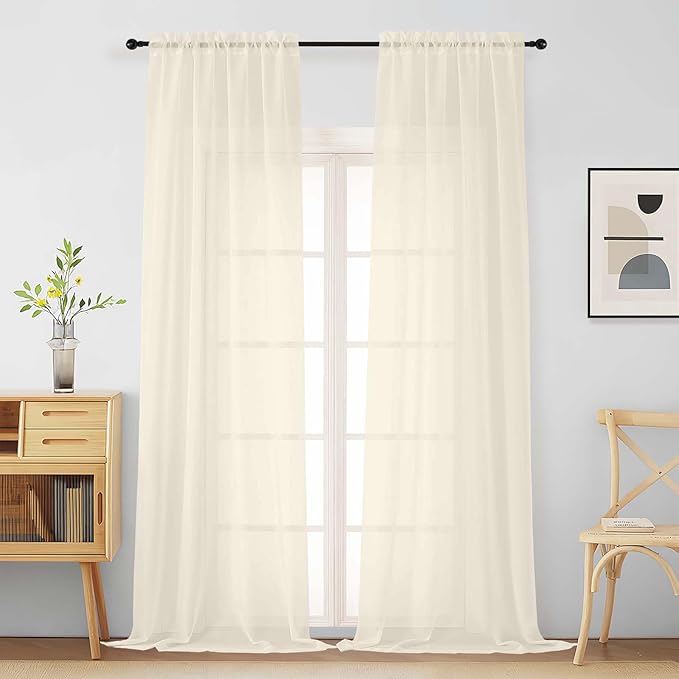 Cream Sheer Curtains for Window 96 Inches Long 2 Panels Set, Soft Airy Light Filtering Voile Sheer Curtains for Living Room Bedroom, Dual Rod Pocket Elegant Window Drapes, 2x42Wx96L Inches