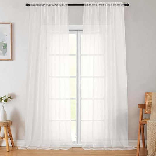 Extra Long Sheer Ivory Curtains for Bedroom Living Room 108 Inches Long 2 Panels Set, Solid Soft Light Filtering Rod Pocket Sheer Window Curtains, Ivory, Each 42" Wx108 L Inch