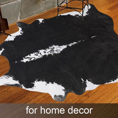 AROGAN 8x10 Feet Faux Cowhide Area Rugs for Living Room, Animal Skins Cow Hide Rug for Bedroom, Cool Western Christmas Decor, Thin Leather Cow Hide Carpets Fireplace Rug, Black