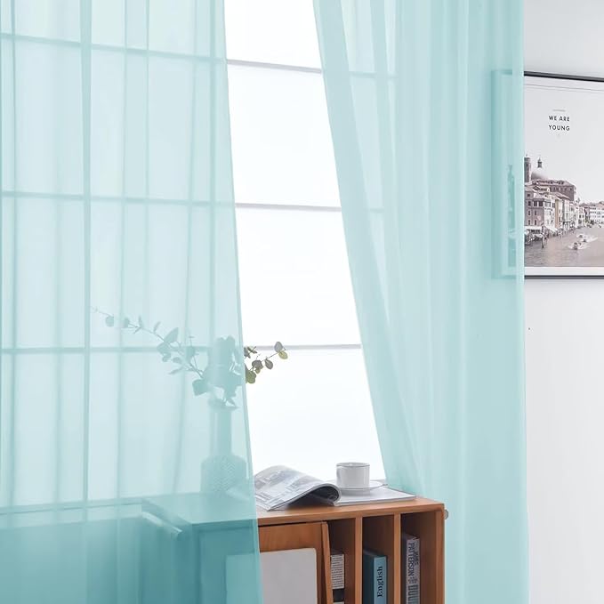 SpaceDresser Basic Rod Pocket Sheer Voile Window Curtain Panels Sky Blue 1 Pair 2 Panels 52 Width 108 Inch Long for Kitchen Bedroom Children Living Room Yard（Sky Blue, 52W x 108L）